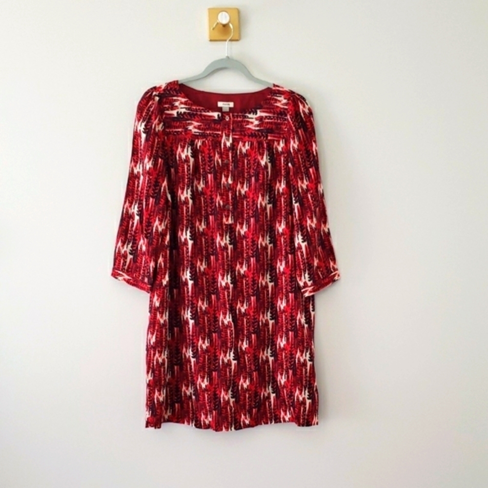 Fossil 100% Silk Mini Shift Dress Small Red Feather Print Boho Artsy Lightweight